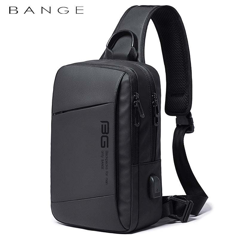 Side profile of the BANGE Casual Outdoor USB Backpack showing the external charging port and adjustable side straps.