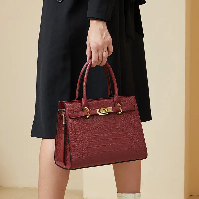 Red Scarlet Crocodile-Embossed Genuine Leather Bag