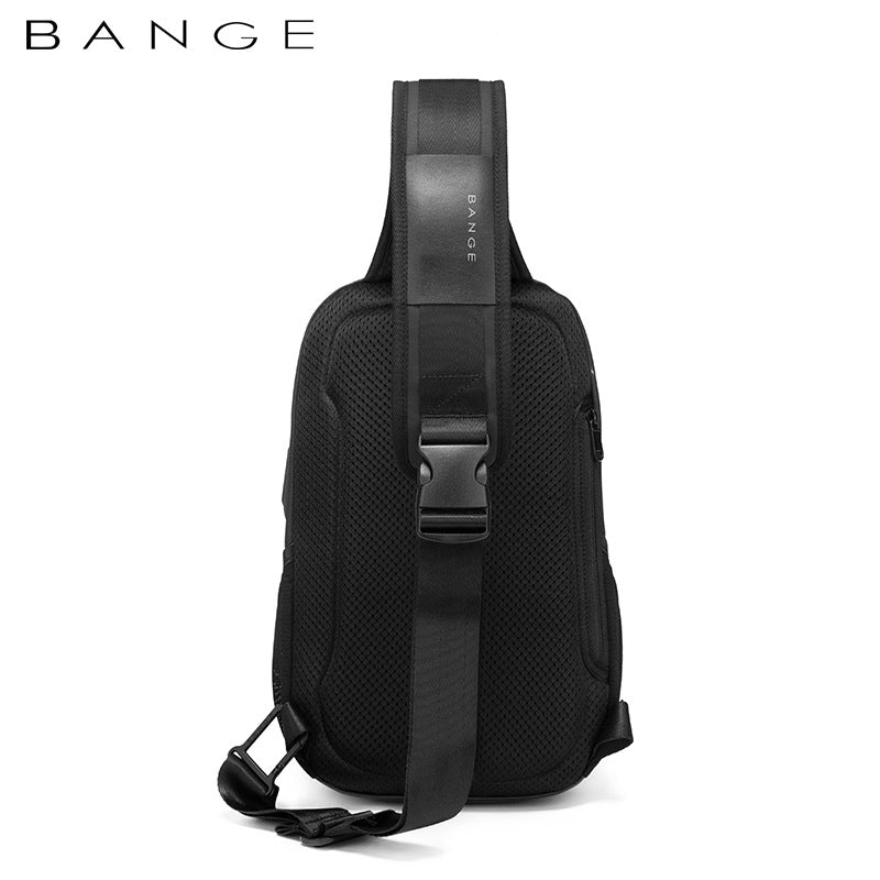 Side view of the BANGE USB Modern Travel Backpack showing the integrated USB charging port and padded shoulder straps.