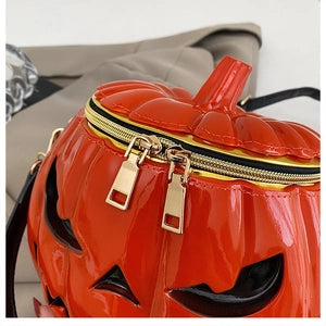 Pumpkin Shape Halloween Crossbody Bag Glossy Pvc Jack O Lantern Face Top Handle Handbag For Women