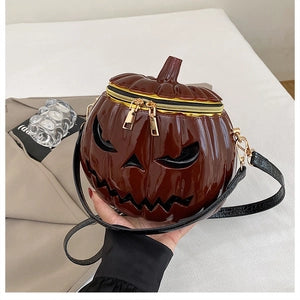 Pumpkin Shape Halloween Crossbody Bag Glossy Pvc Jack O Lantern Face Top Handle Handbag For Women
