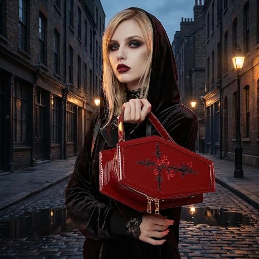 Red Gothic Leather Embroidered Coffin Bag