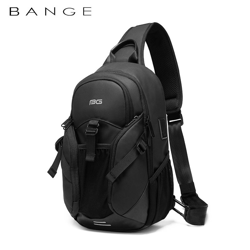Side view of the BANGE USB Modern Travel Backpack highlighting the external USB port and ergonomic shoulder straps.