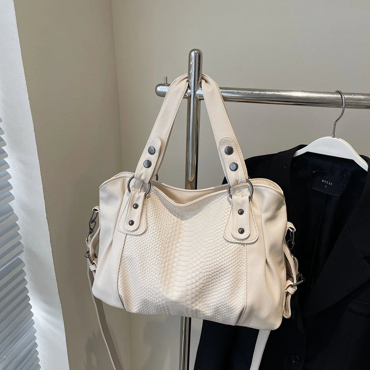Textured Faux-Leather Convertible Bag with Zip Top