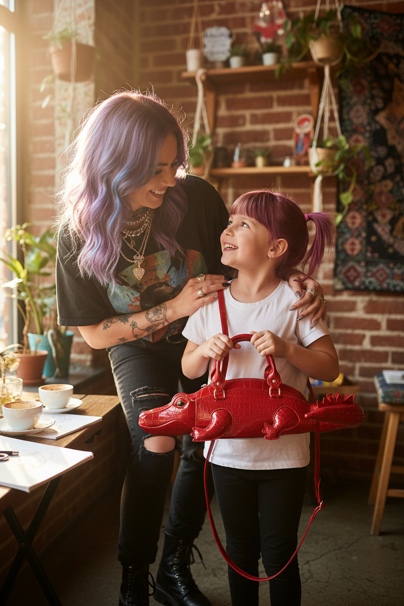 Alternative mom and daughter crocodile bag lifestyle