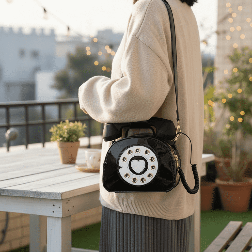 Black bag on-model on the balcony