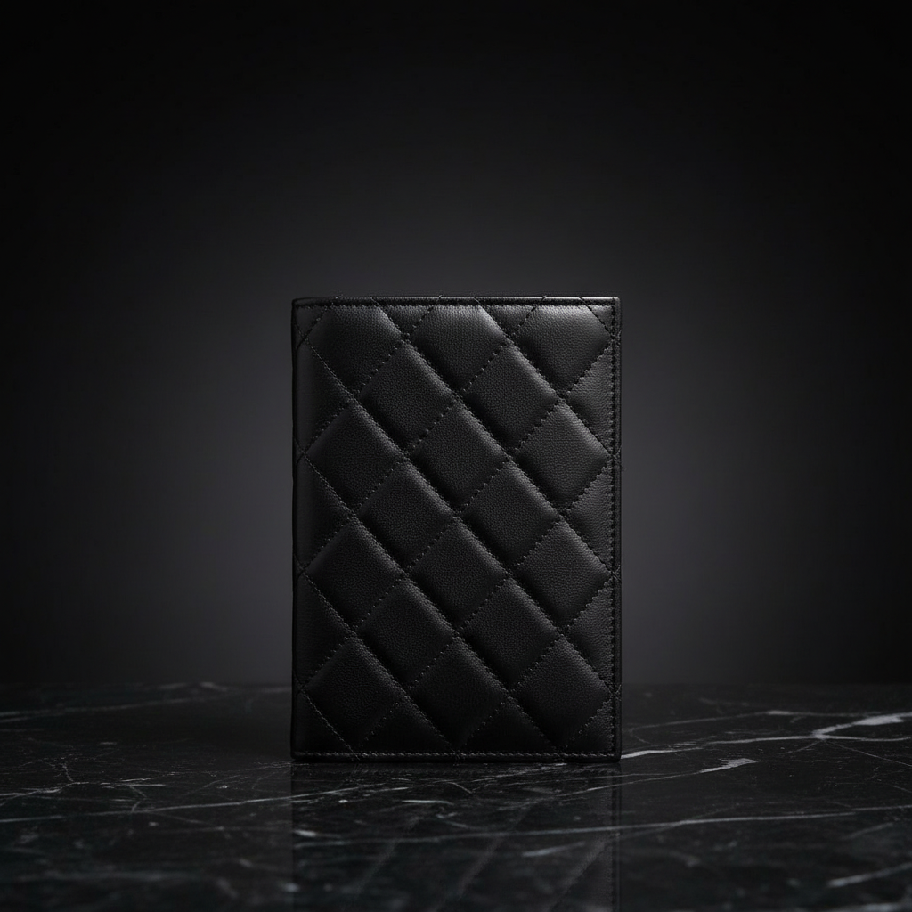 Black quilted passport holder hero