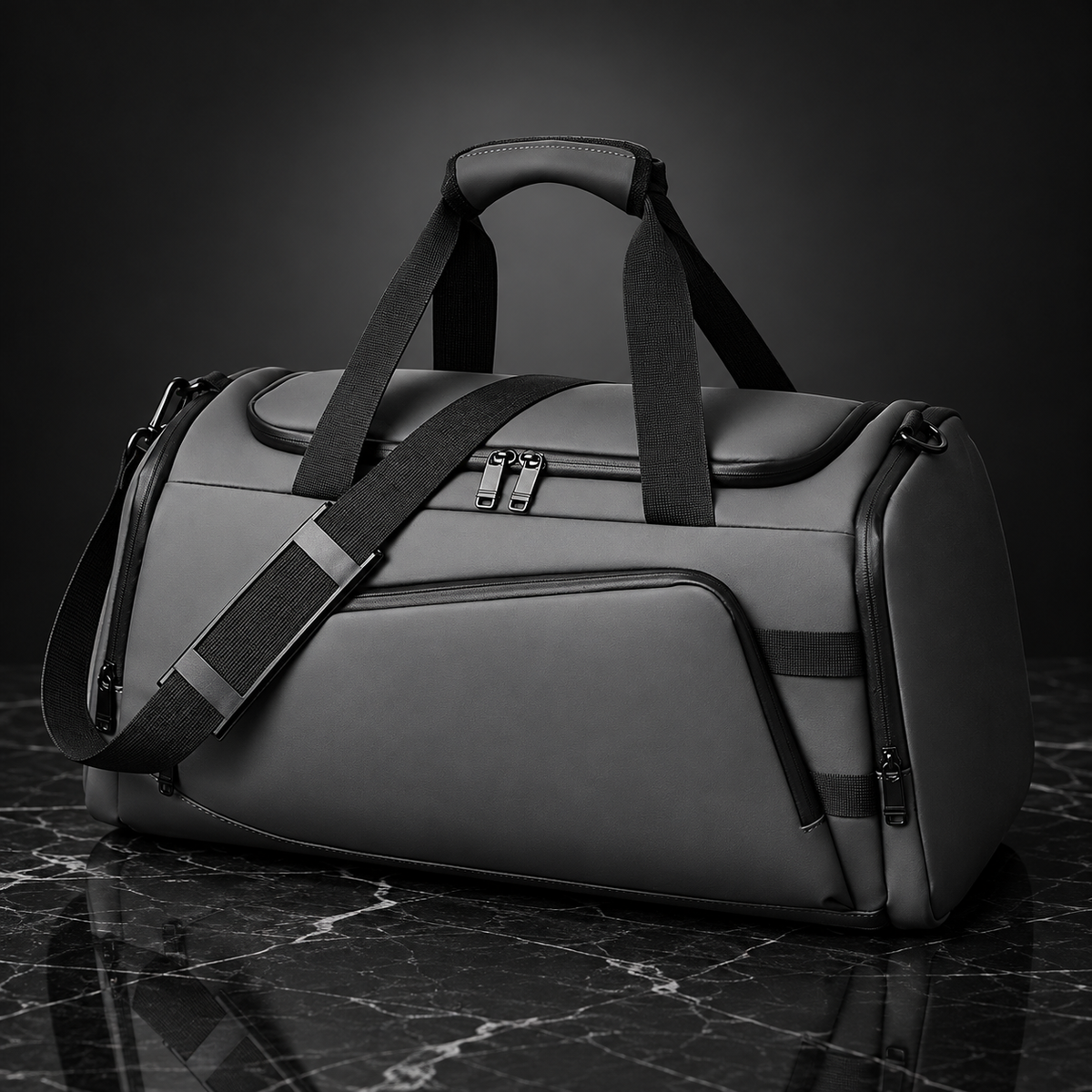 Front angle of a casual lightweight travel duffle bag with top handles and an adjustable shoulder strap for easy carrying.