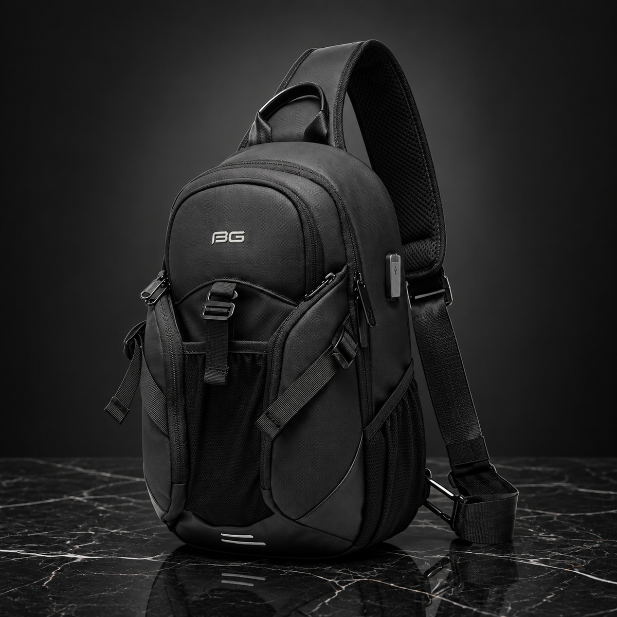 Front view of the BANGE USB Modern Travel Backpack, a sleek black laptop bag with an external USB charging port.