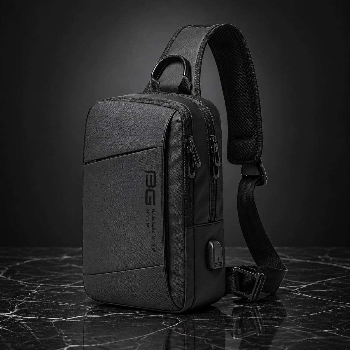 Front view of the BANGE Casual Outdoor USB Backpack highlighting its modern design and integrated USB charging port.