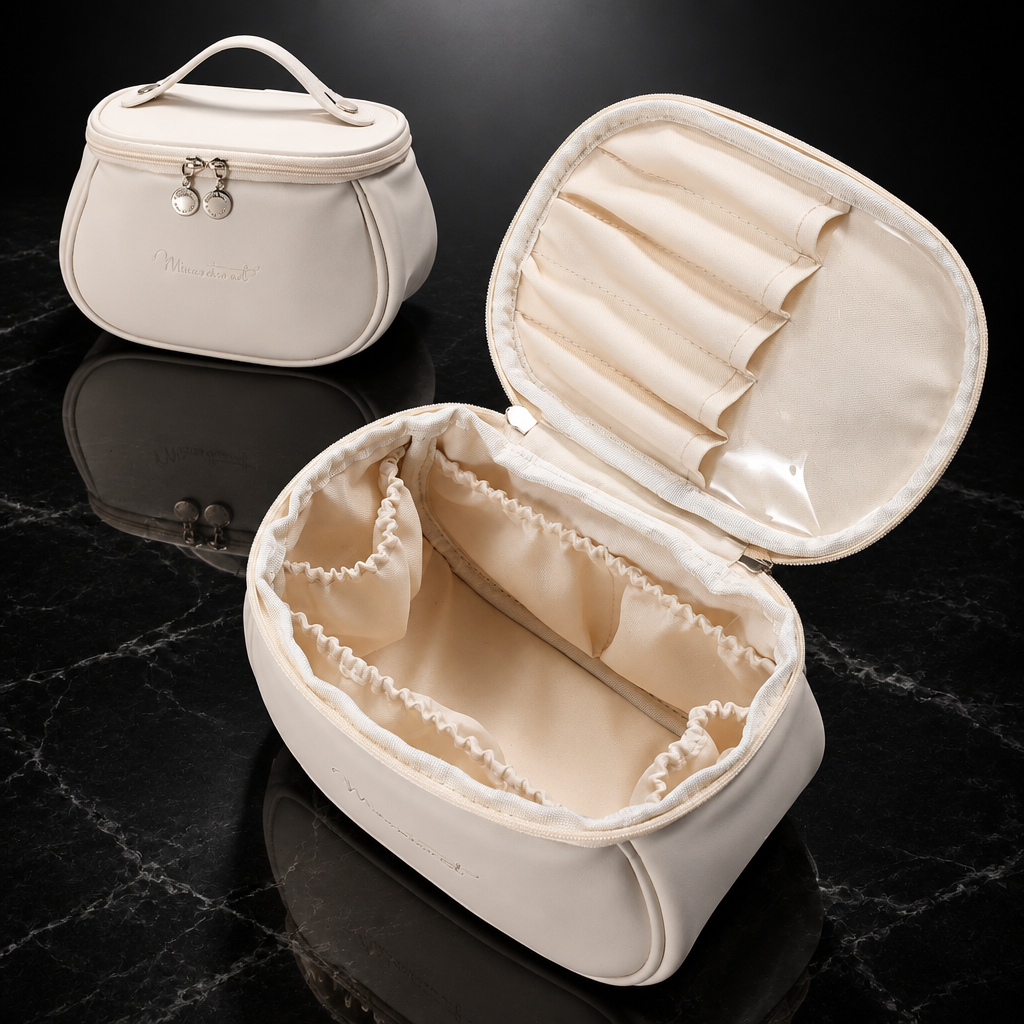 Oval Faux Leather Travel Makeup Bag