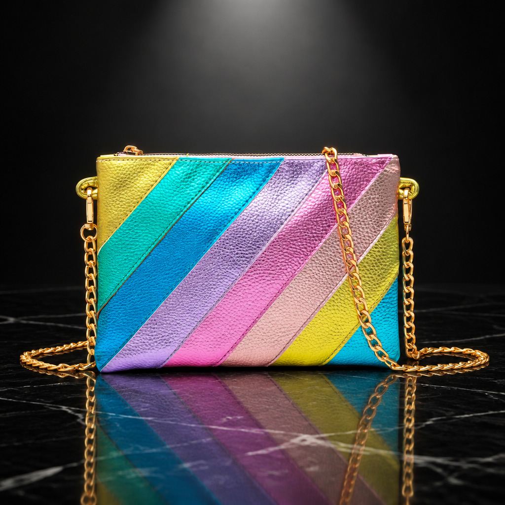 Metallic Stripe Square Clutch with Chain Strap