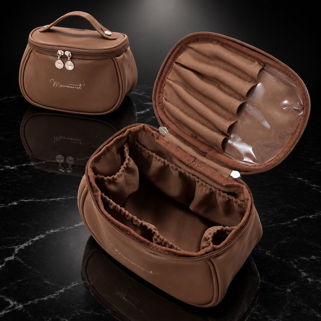 Oval Faux Leather Travel Makeup Bag