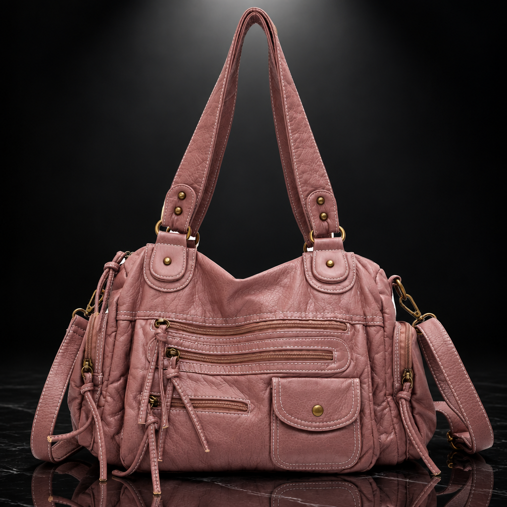 Rivet-Detail Washed-Finish Shoulder Bag