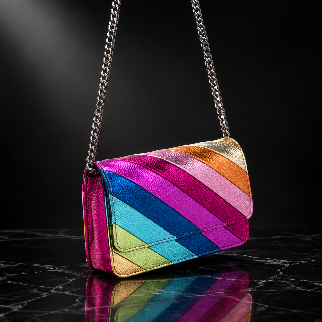 Rainbow Stripe Faux Leather Flap Shoulder Bag
