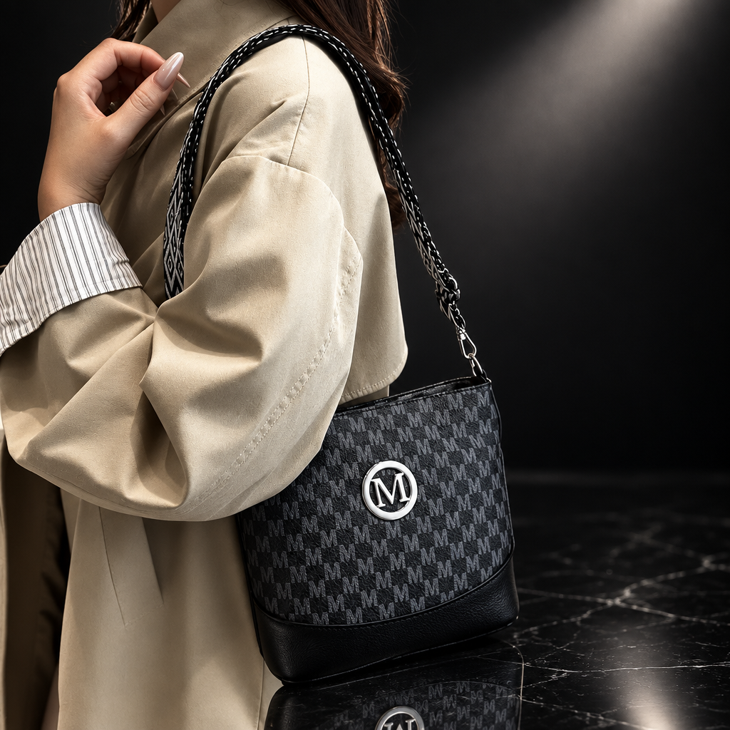 M Badge Multi-Pocket Faux-Leather Crossbody Bag