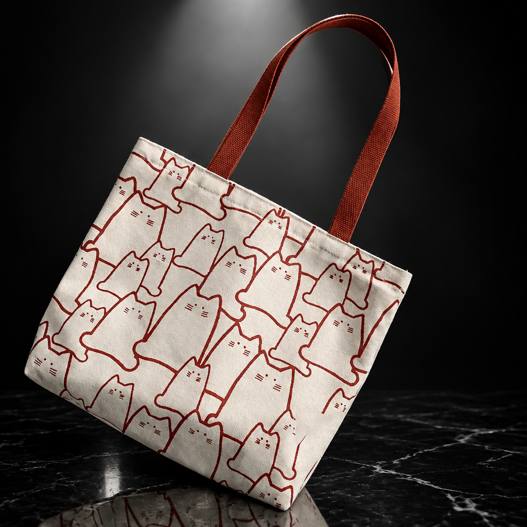 Canvas Cat Print Tote Bag with Zipper