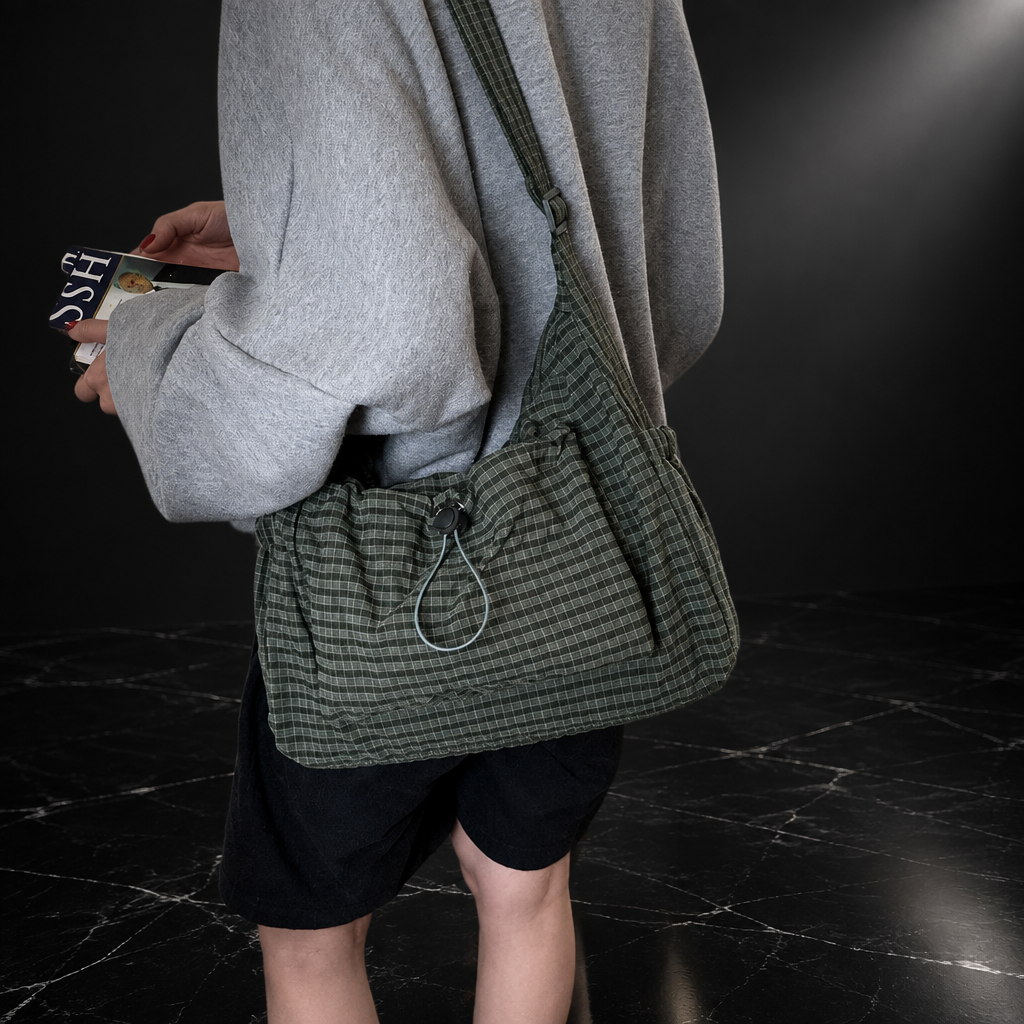 Plaid Drawstring Commuter Shoulder Bag