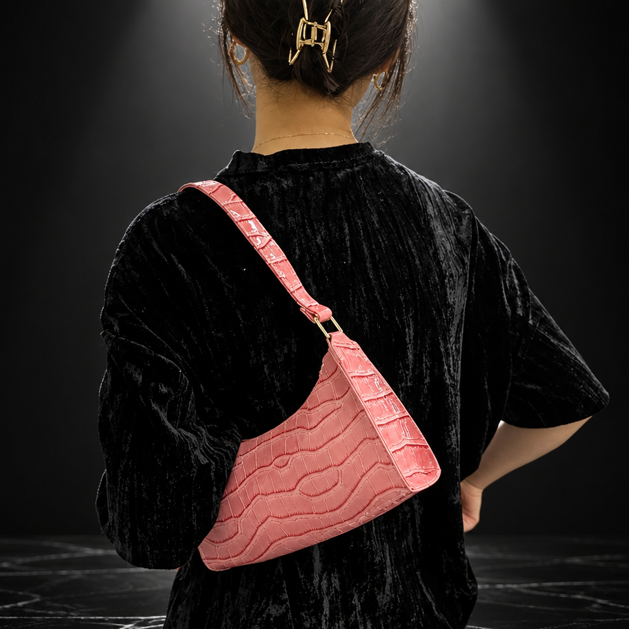 Croc-Embossed Faux-Leather Underarm Bag