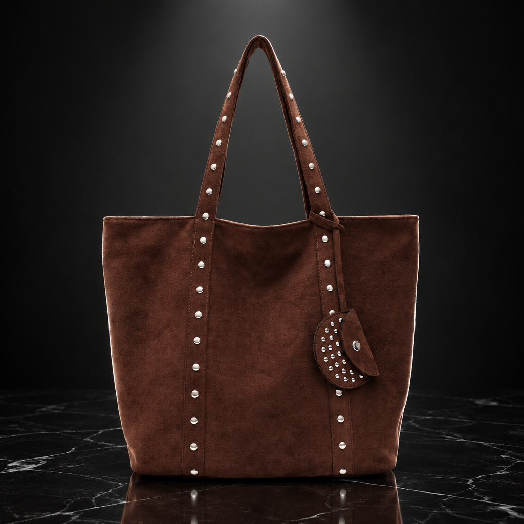 Rivet-Trim Faux-Suede Tote with Coin Purse