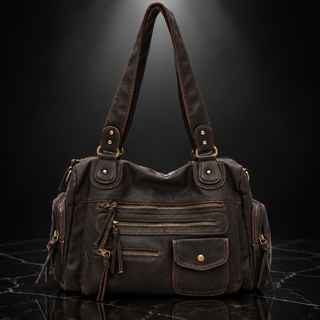 Rivet-Detail Washed-Finish Shoulder Bag