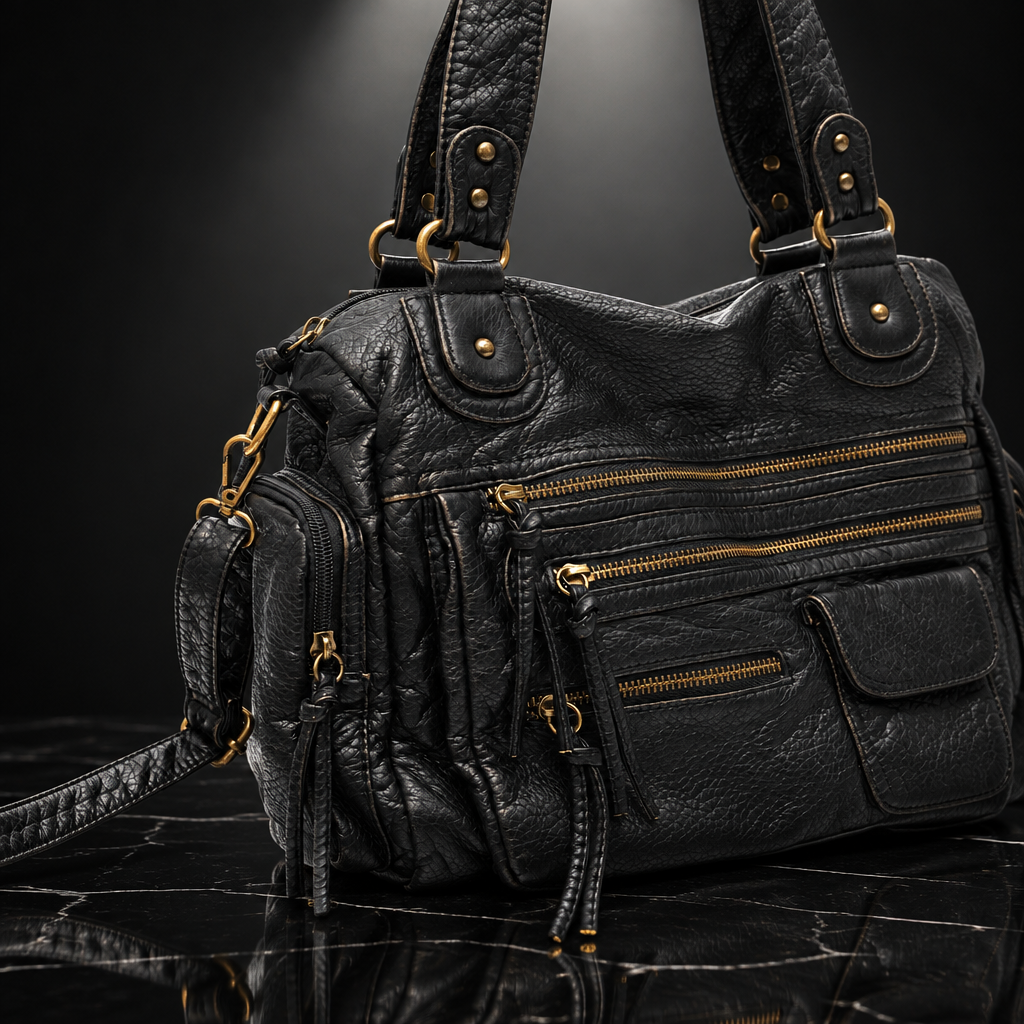 Rivet-Detail Washed-Finish Shoulder Bag