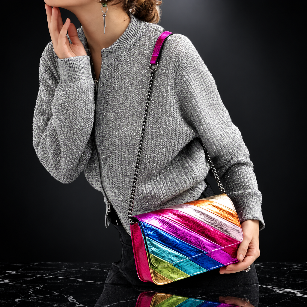 Rainbow Stripe Faux Leather Flap Shoulder Bag