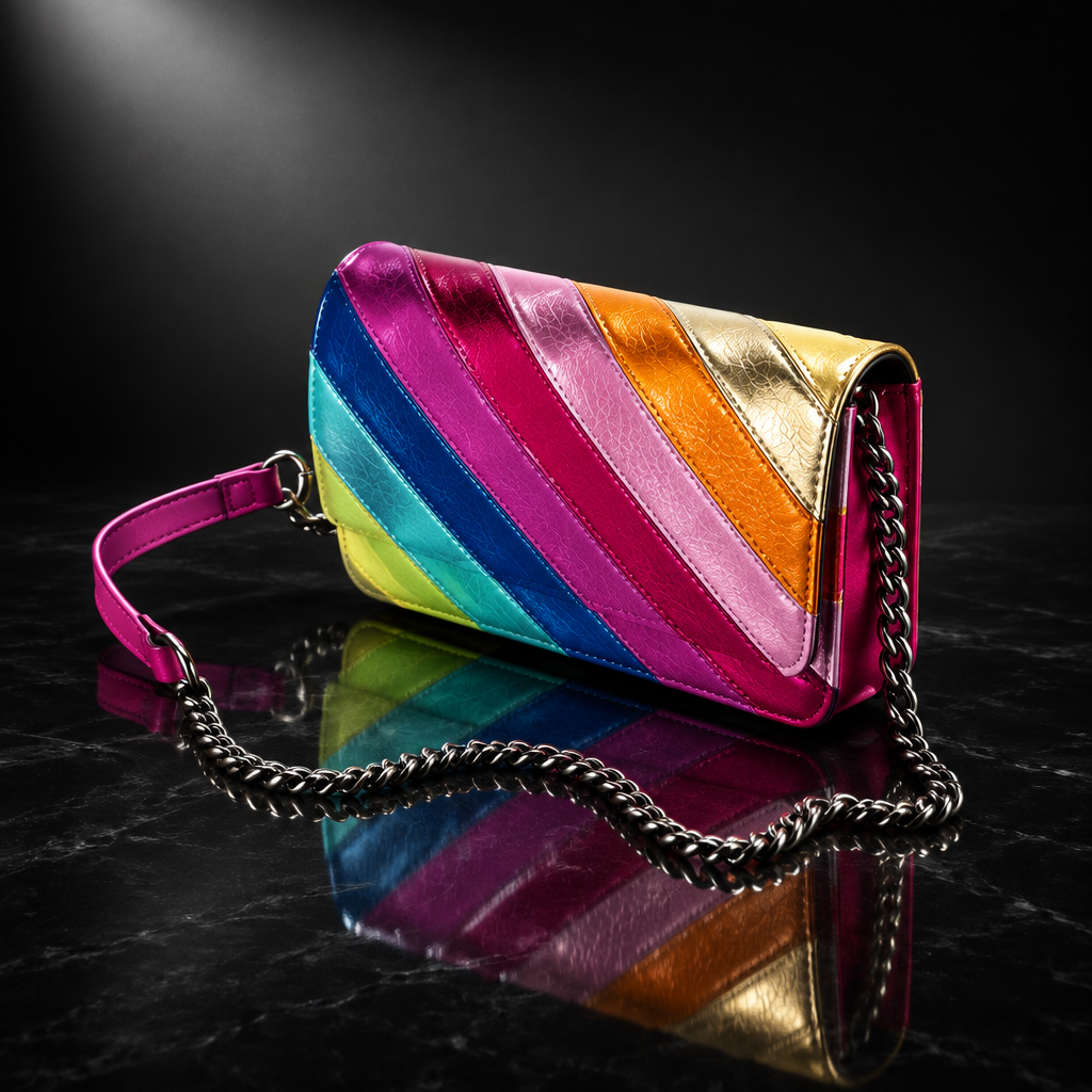 Rainbow Stripe Faux Leather Flap Shoulder Bag
