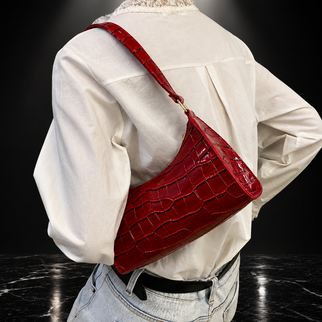 Croc-Embossed Faux-Leather Underarm Bag