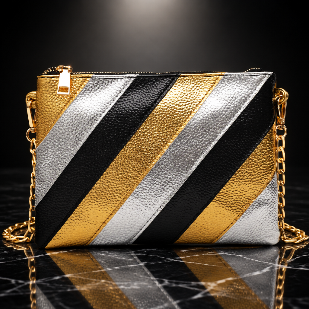 Metallic Stripe Square Clutch with Chain Strap
