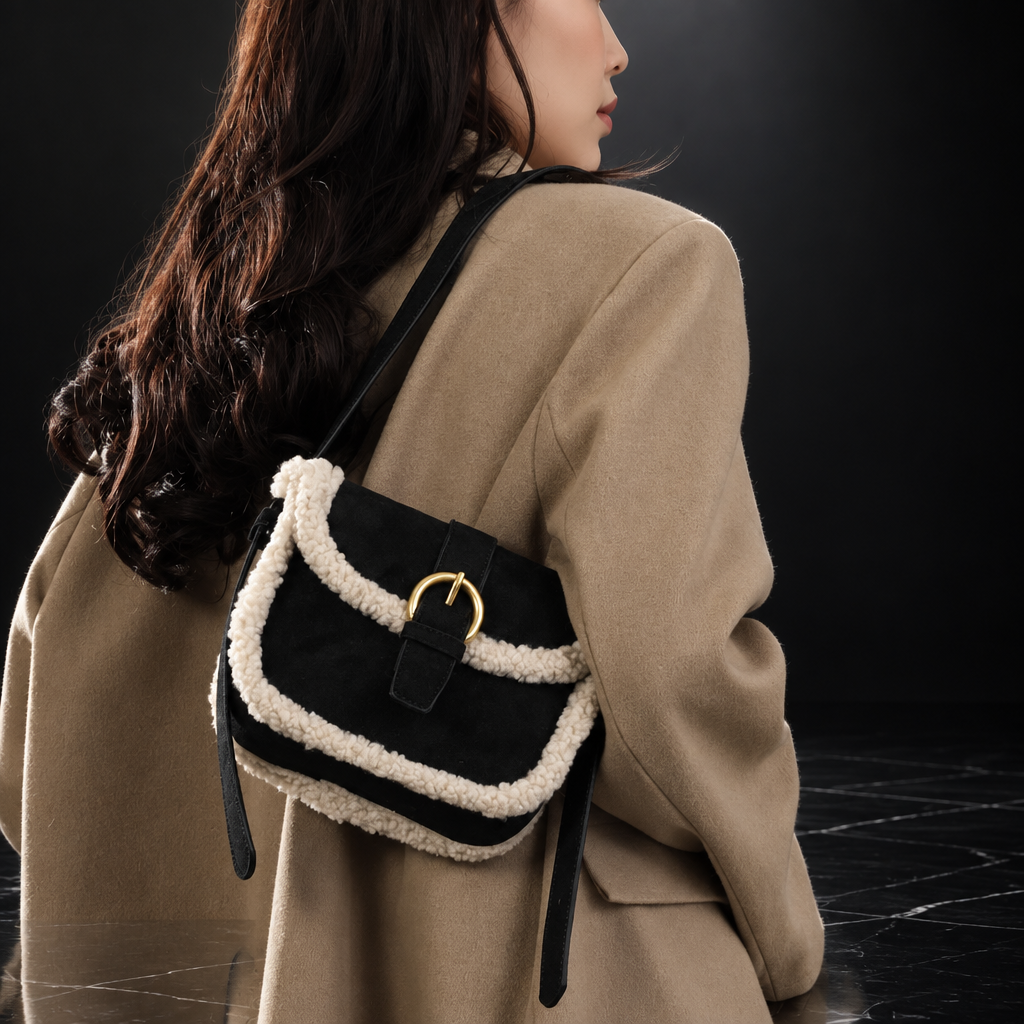Retro Saddle Crossbody Bag with Fuzzy Trim