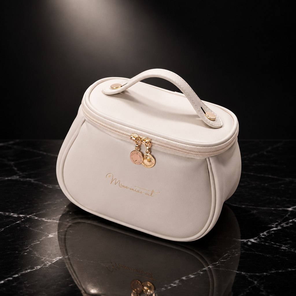 Oval Faux Leather Travel Makeup Bag