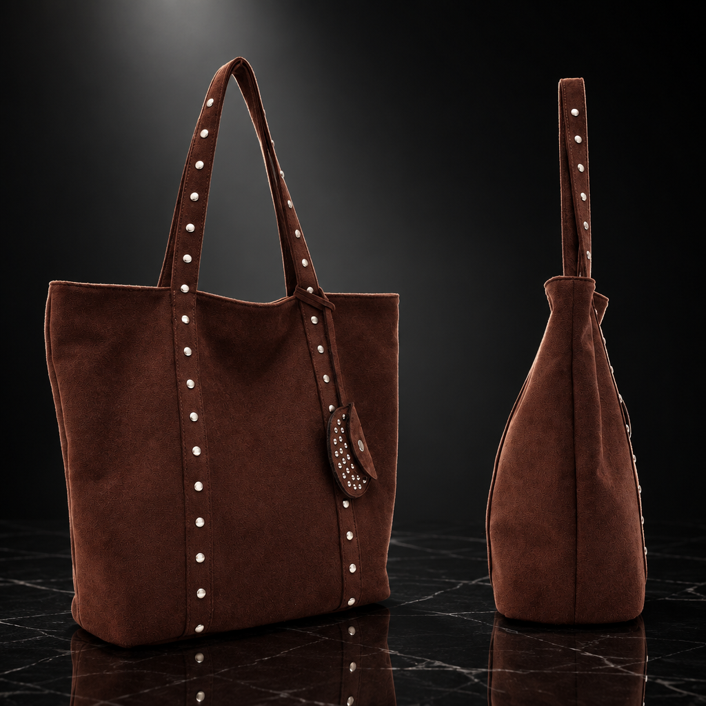 Rivet-Trim Faux-Suede Tote with Coin Purse