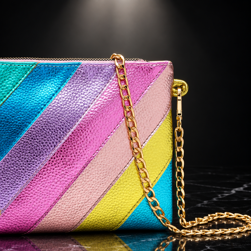 Metallic Stripe Square Clutch with Chain Strap