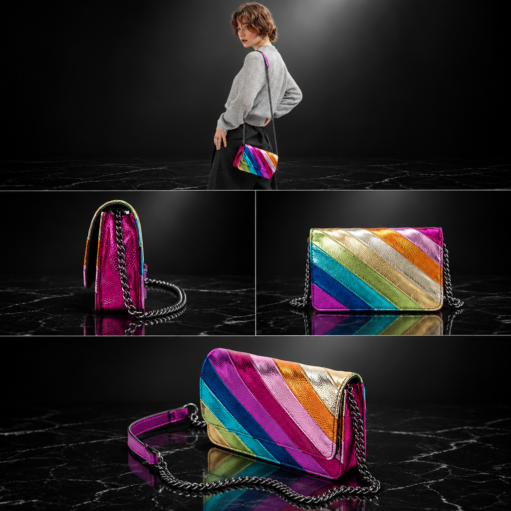 Rainbow Stripe Faux Leather Flap Shoulder Bag