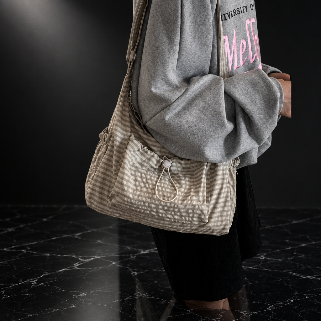 Plaid Drawstring Commuter Shoulder Bag