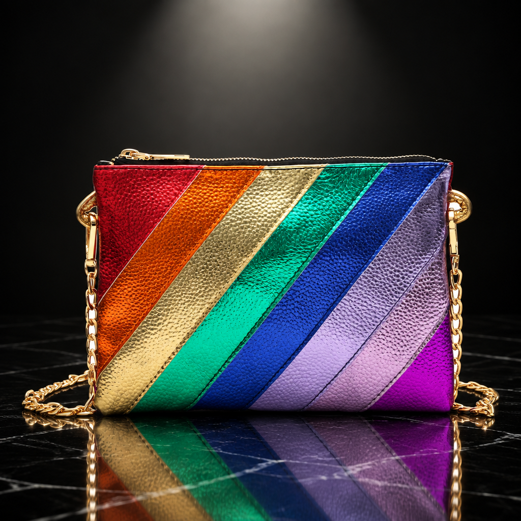 Metallic Stripe Square Clutch with Chain Strap
