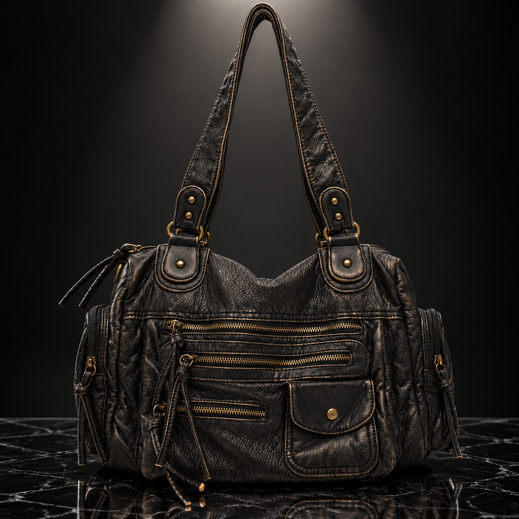 Rivet-Detail Washed-Finish Shoulder Bag