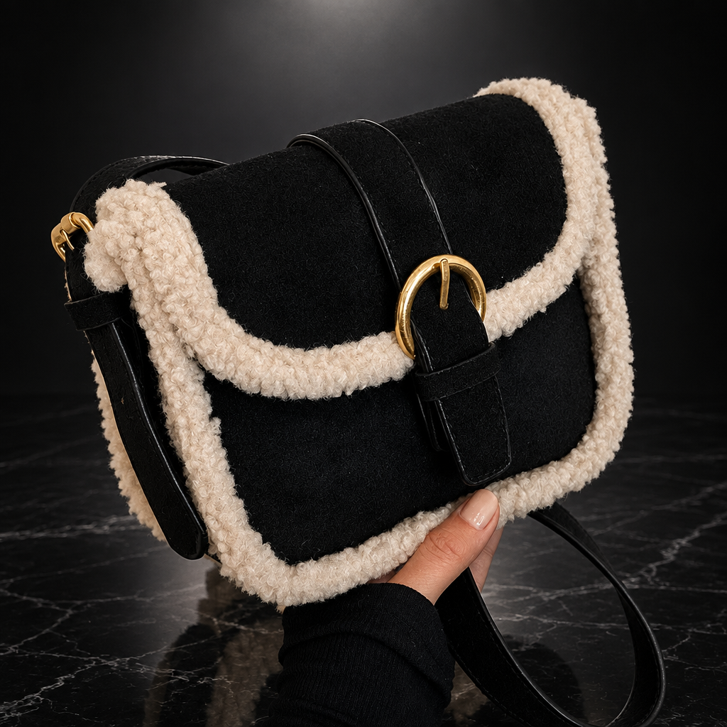 Retro Saddle Crossbody Bag with Fuzzy Trim