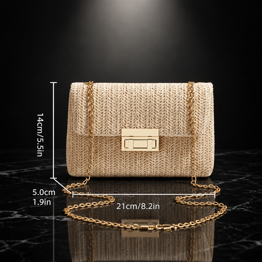Woven Straw Evening Crossbody Bag with Chain Strap