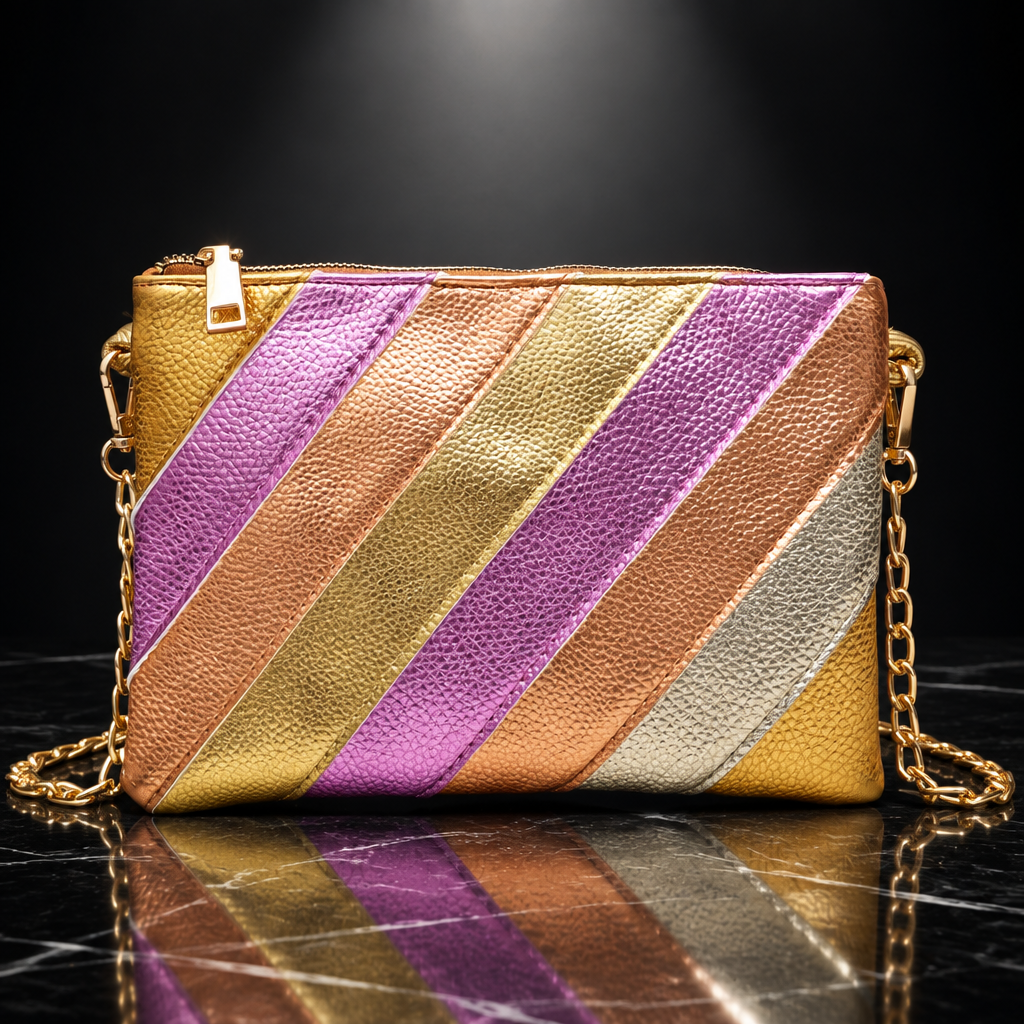 Metallic Stripe Square Clutch with Chain Strap