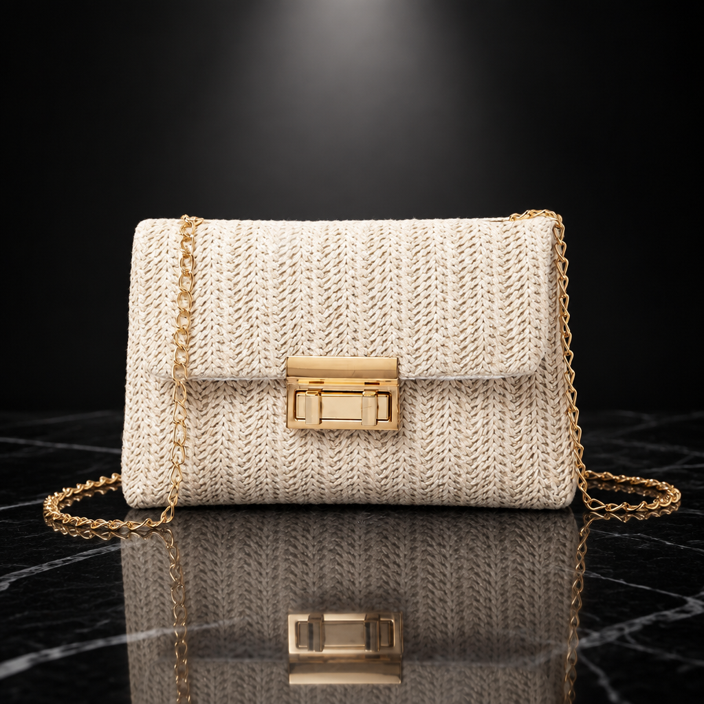 Woven Straw Evening Crossbody Bag with Chain Strap