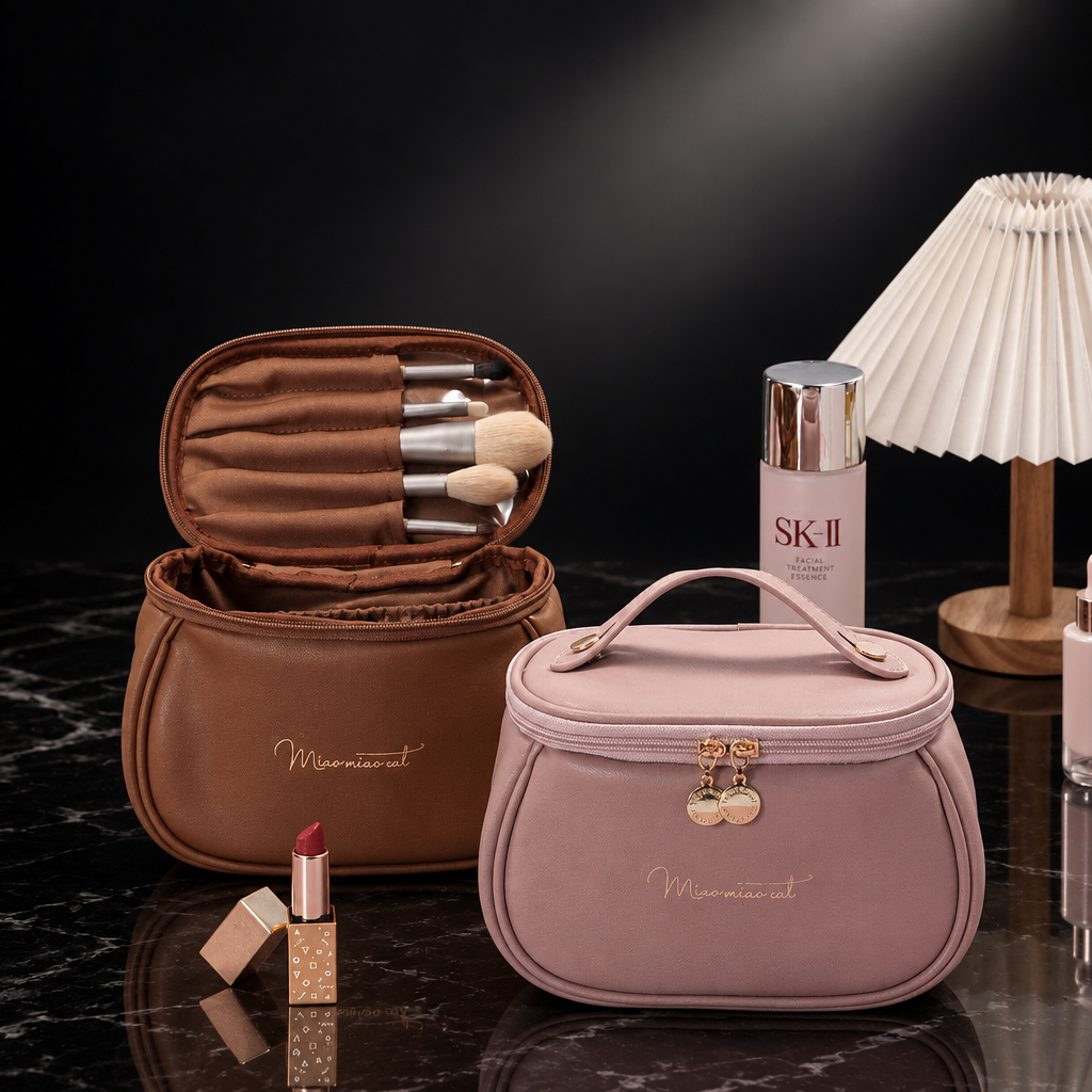 Oval Faux Leather Travel Makeup Bag