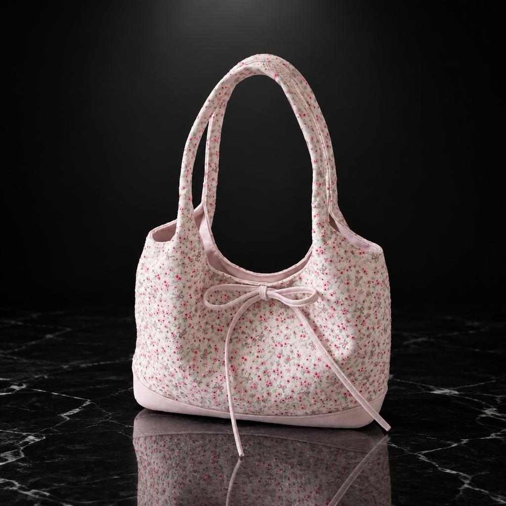 Pink Floral-Embroidered Shoulder Bag