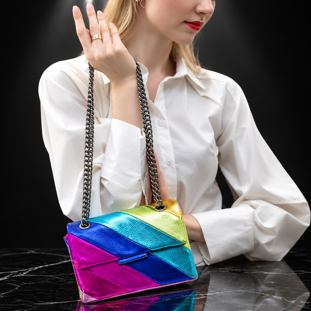 Metallic Rainbow Stripe Square Crossbody Bag