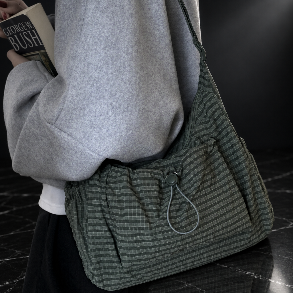 Plaid Drawstring Commuter Shoulder Bag