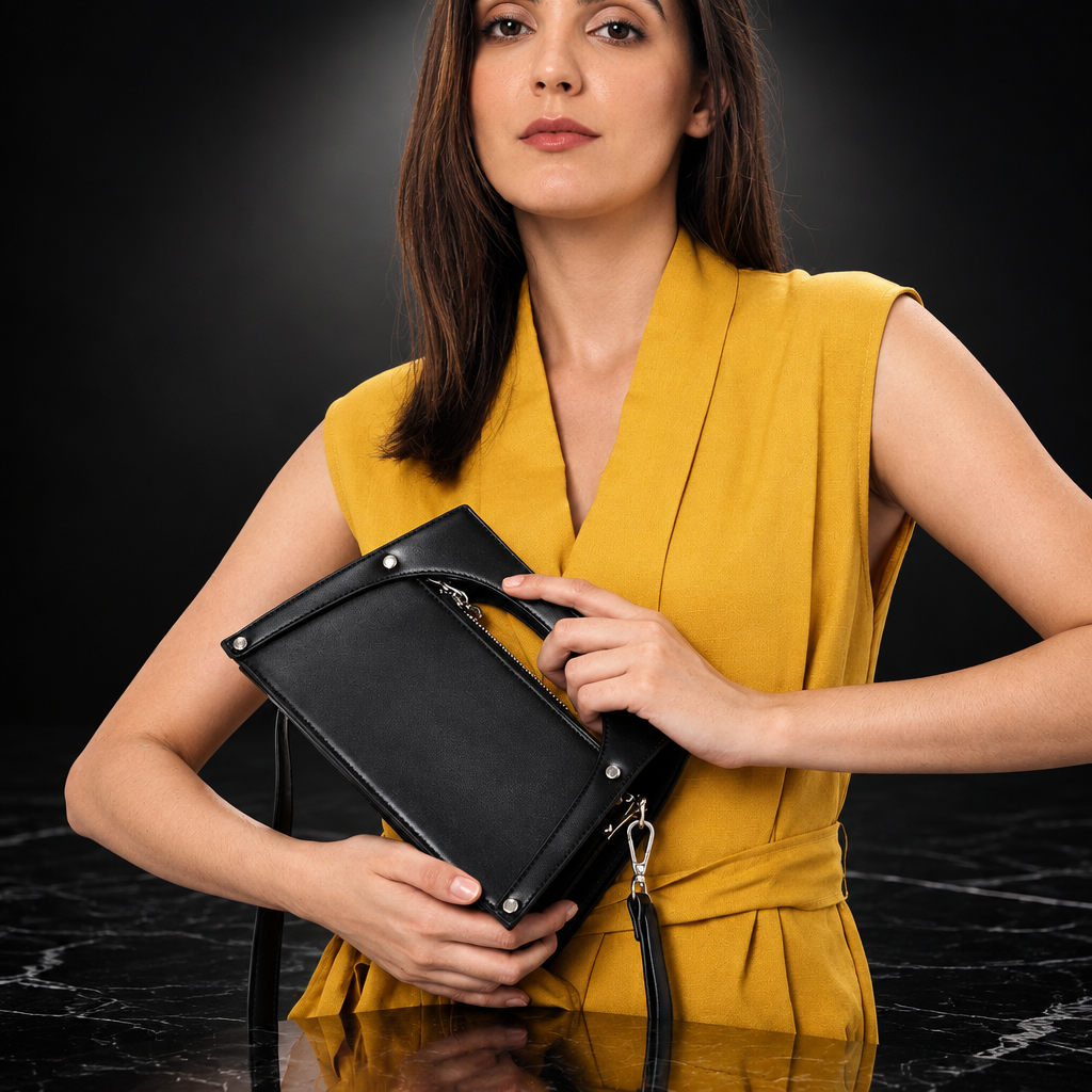 Metal-Frame Buckle Faux-Leather Top-Handle Bag