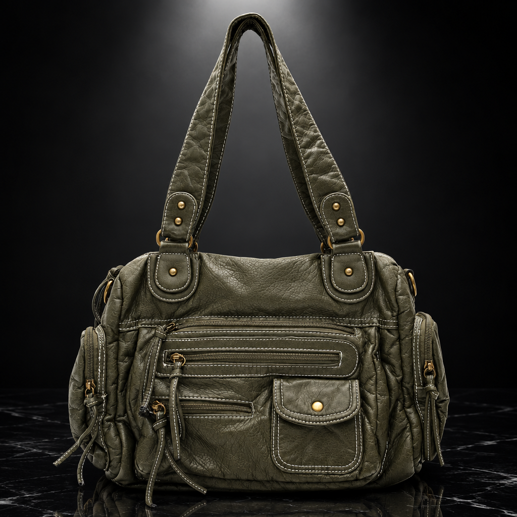 Rivet-Detail Washed-Finish Shoulder Bag
