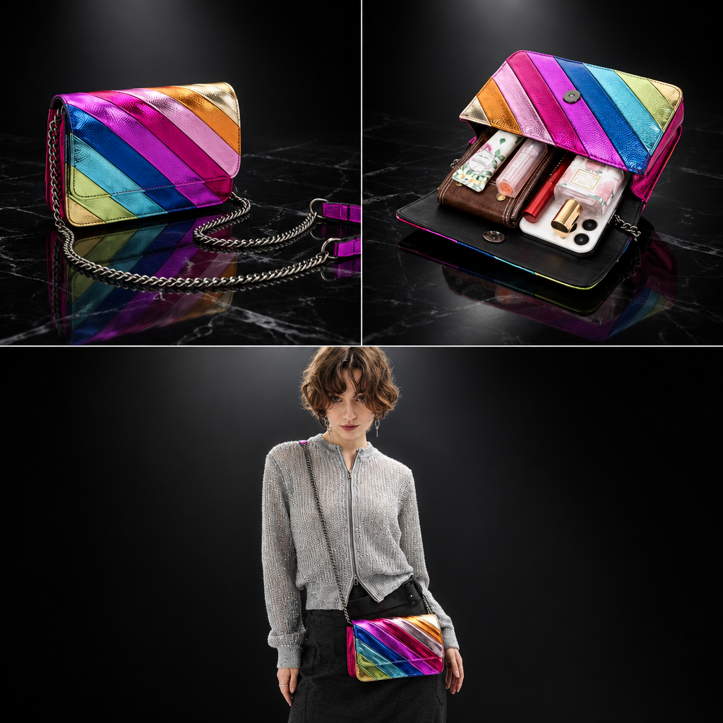 Rainbow Stripe Faux Leather Flap Shoulder Bag