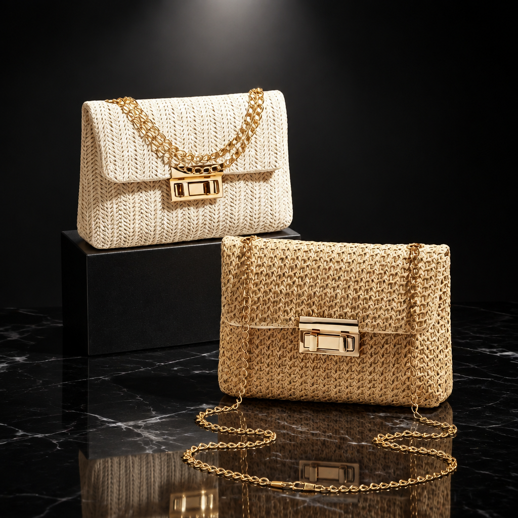 Woven Straw Evening Crossbody Bag with Chain Strap